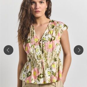 Floral Tie-Front Cap Sleeve Top - Pink & Green